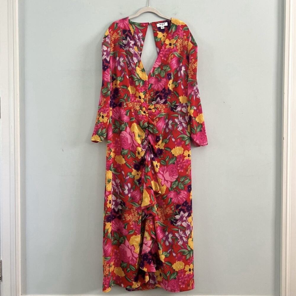 RIXO x Target Red Floral Open Back Cascade Ruffle Long Sleeve Midi Dress - Picture 4 of 7